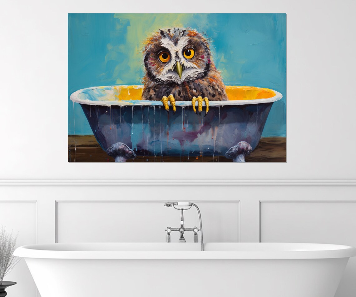 Cute Wide Eyed Owl Sitting In A Vintage Bathtub Playful Poster