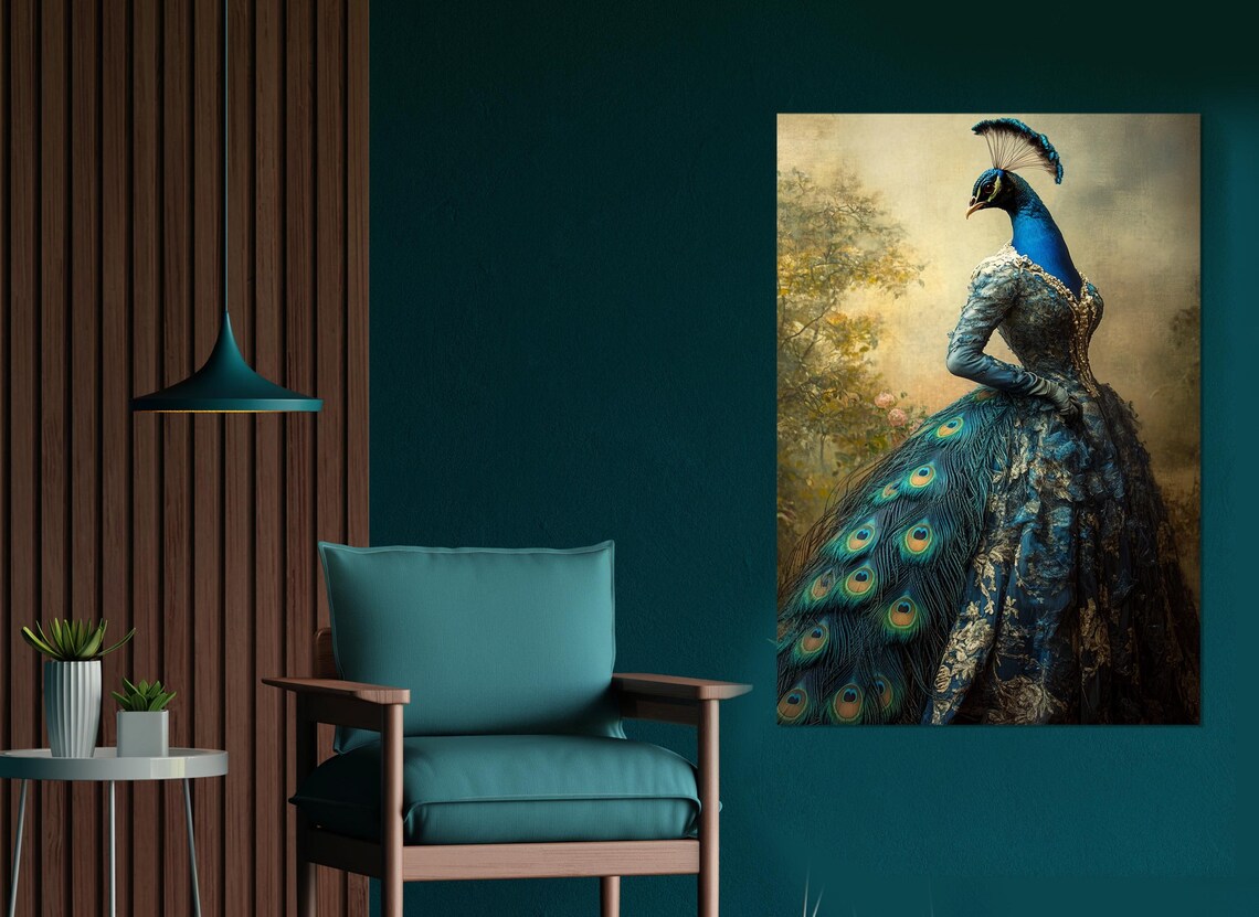Peacock Headed Woman in Victorian Blue Gown Surreal Fantasy Art Poster - Image 4