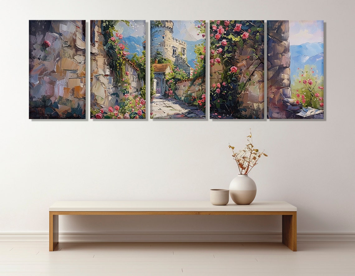 Old Stone Castle Rose Covered Cobblestone Lane Mountains Travel Poster - Image 3