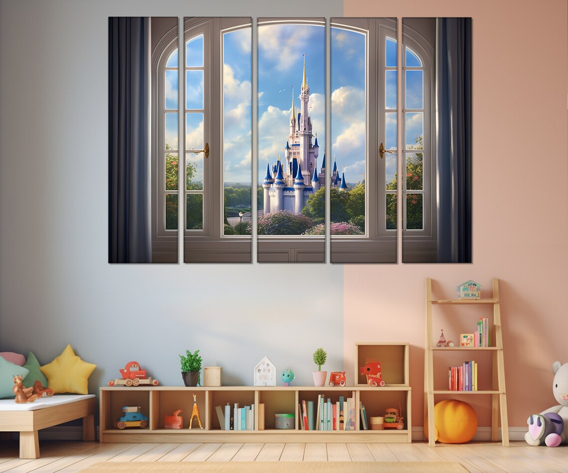 Open Window Fairytale Castle View Pink Princess Room Kids Nursery Wall Poster - Image 2