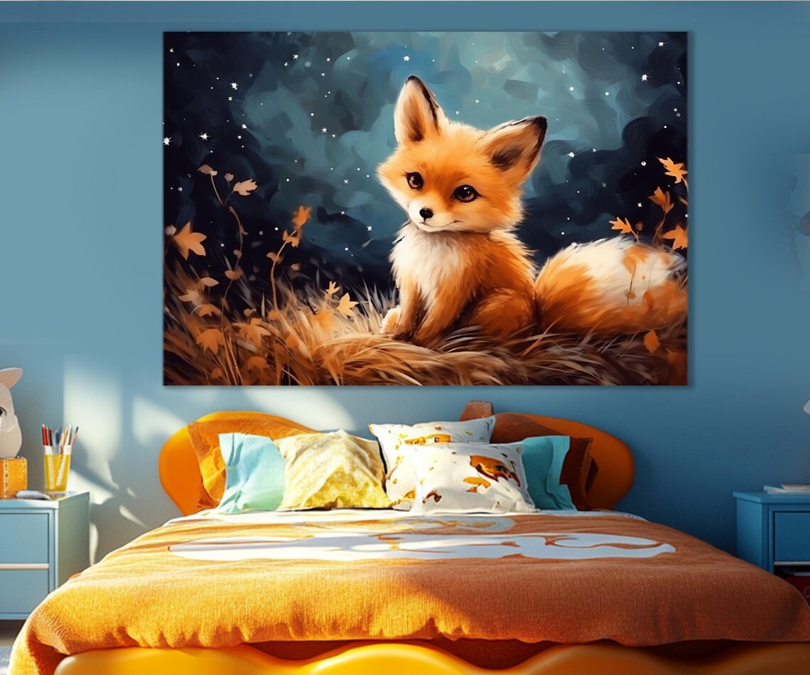 Cute Fox Cub Starry Night Autumn Leaves Nursery Kids Wall Art Print - Image 2