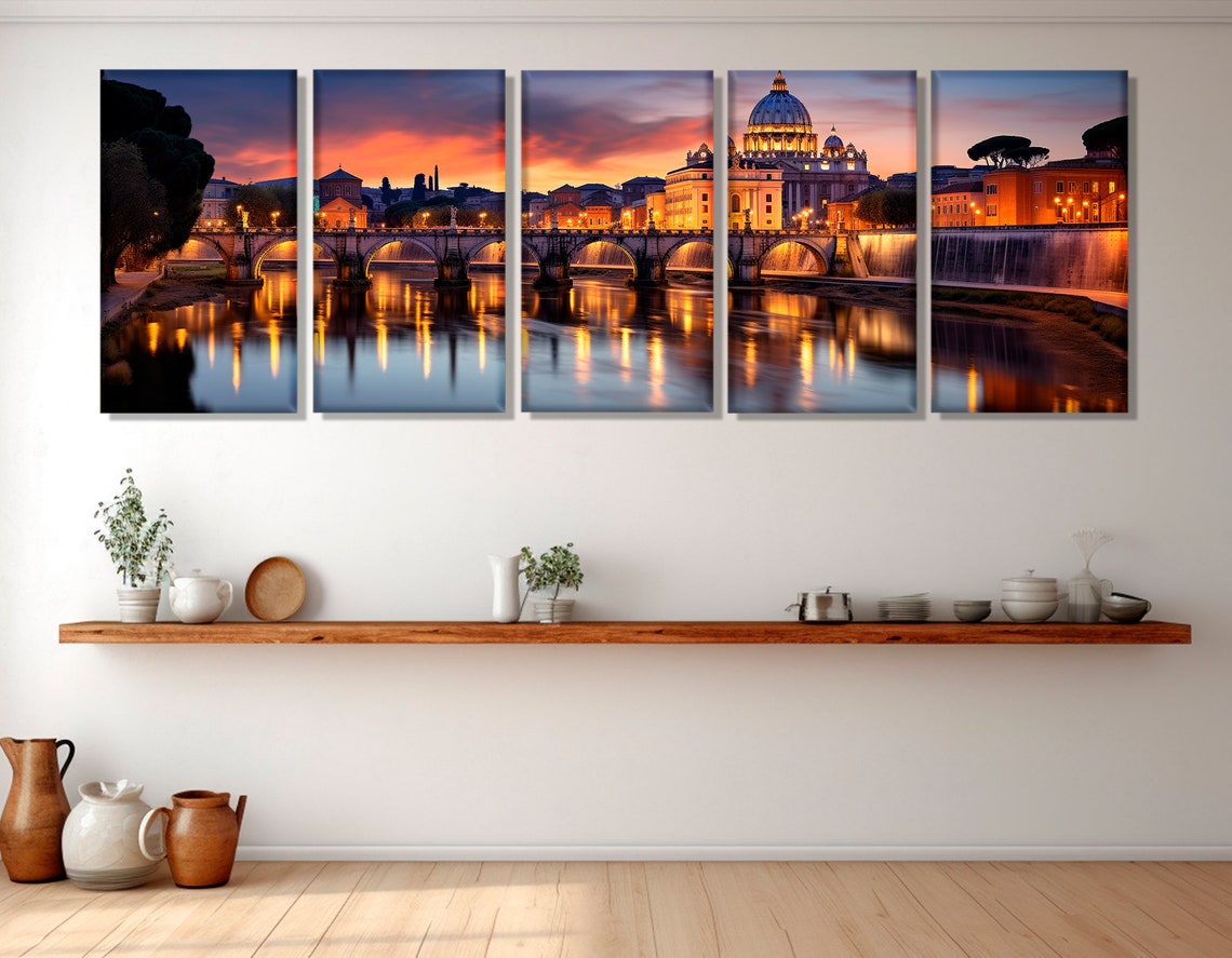 Rome Italy St Peters Basilica Sunset Over Tiber River Panorama Poster - Image 4