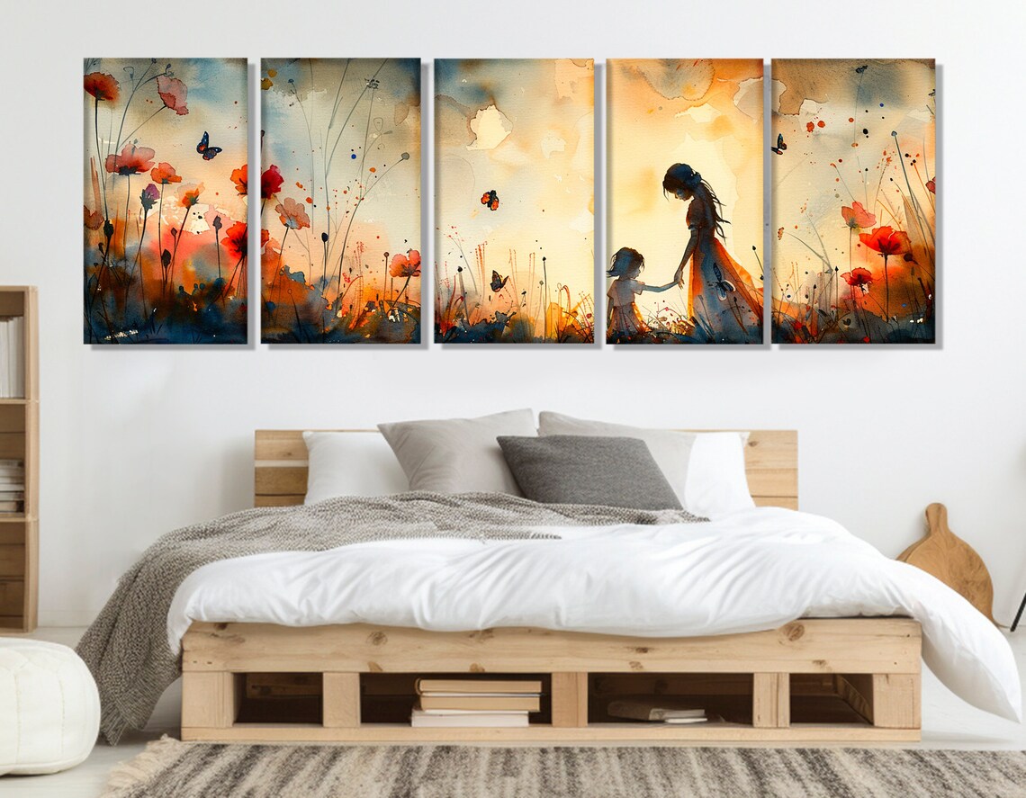 Mother and Daughter in Poppy Field Watercolor Panoramic Wall Art - Image 3