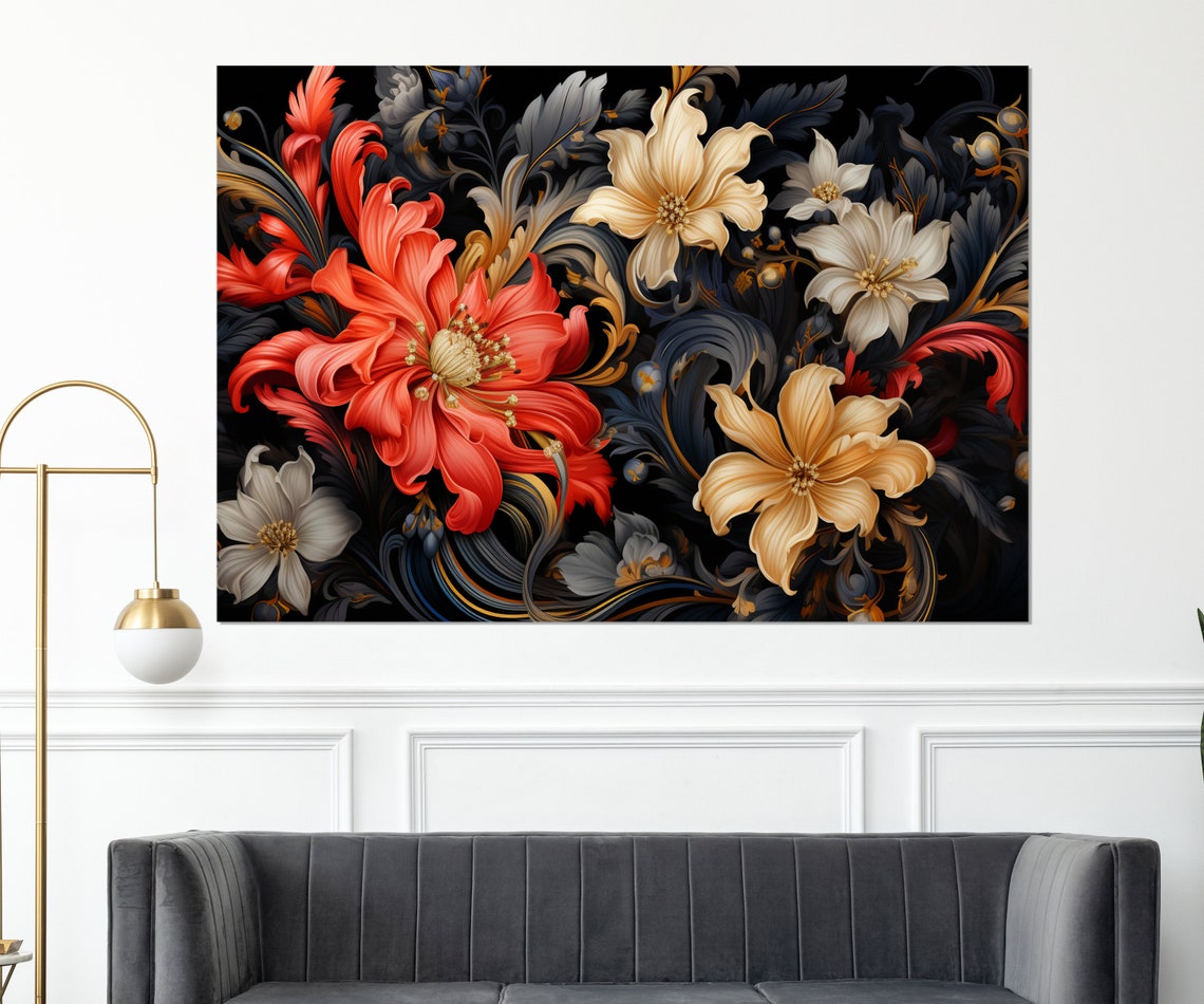 Dark Dramatic Floral Red Cream Gold Baroque Blossoms Black Art Poster - Image 4