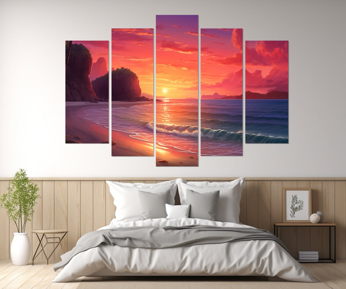 Crimson Sunset Beach Palm Cliffs Tropical Ocean Waves Travel Poster - Image 3