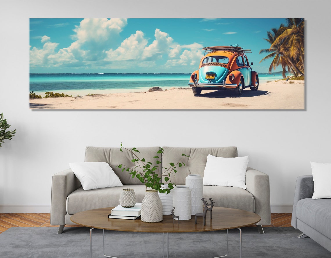 Cancun Beach Retro Volkswagen Beetle Surfboard Tropical Shore Poster - Image 2