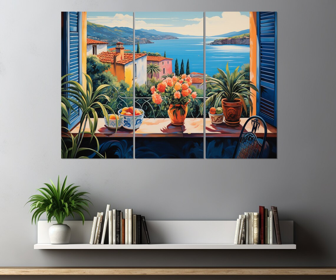 French Riviera Window View Blue Shutters Mediterranean Coast Scene Poster - Image 4