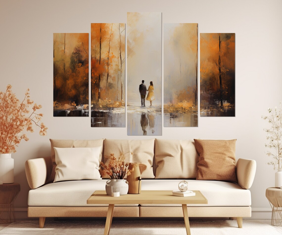 Romantic Couple In Misty Autumn Forest Lake Reflection Painting Poster - Image 3
