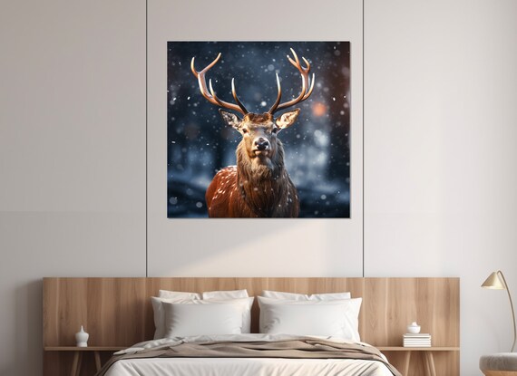Majestic Stag Portrait Standing In Falling Snow At Night Poster
