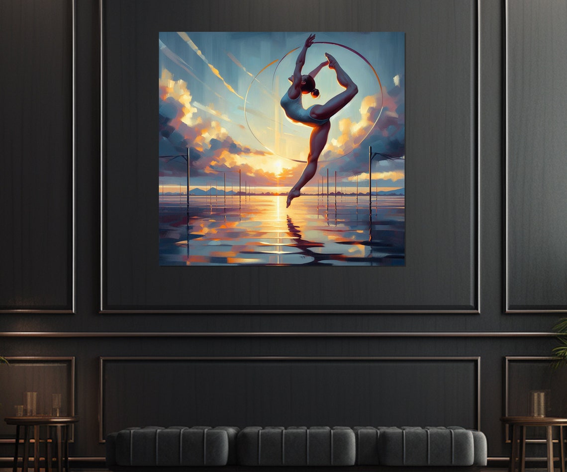 Gymnast Leaping Through Hoop Sunset Water Reflection Scene Poster - Image 4
