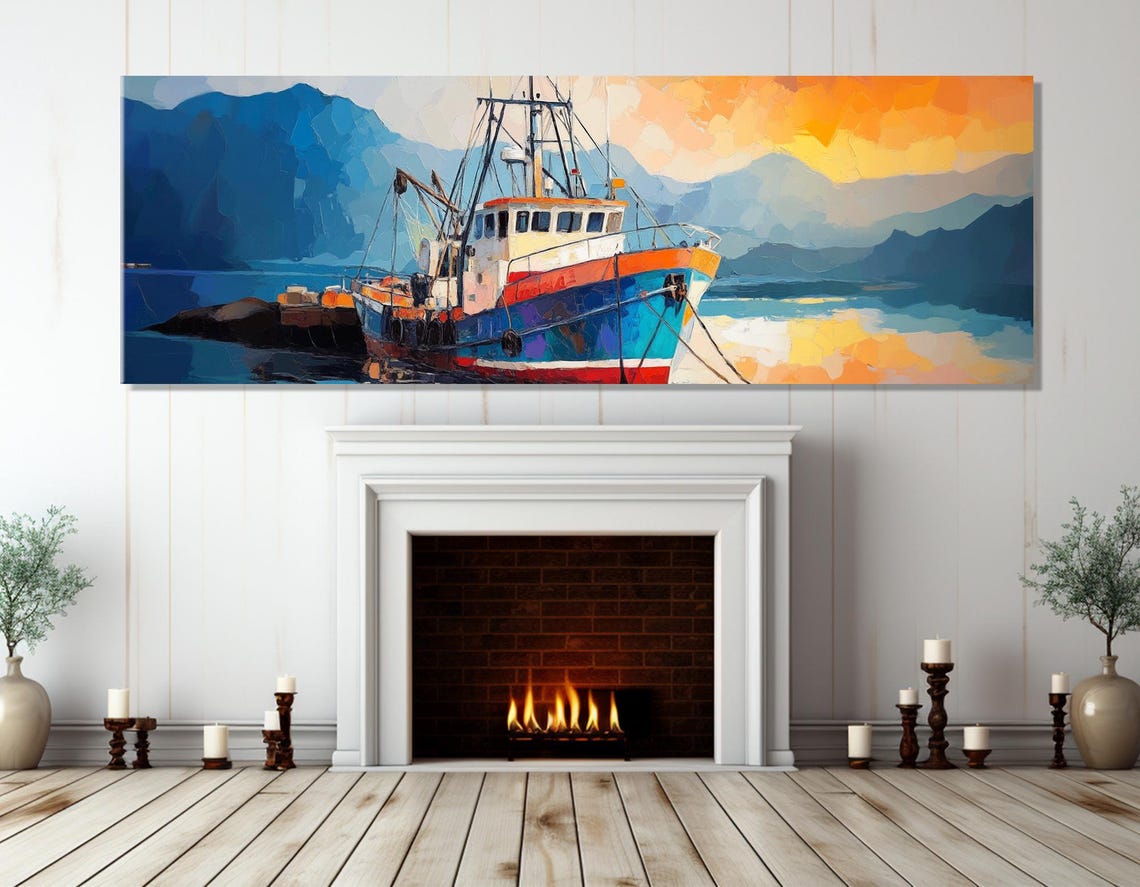 Old Fishing Trawler Painting Print Fishing Wall Art Old Fishing Boat Painting Fishing Boat Poster Framed And Ready To Hang
