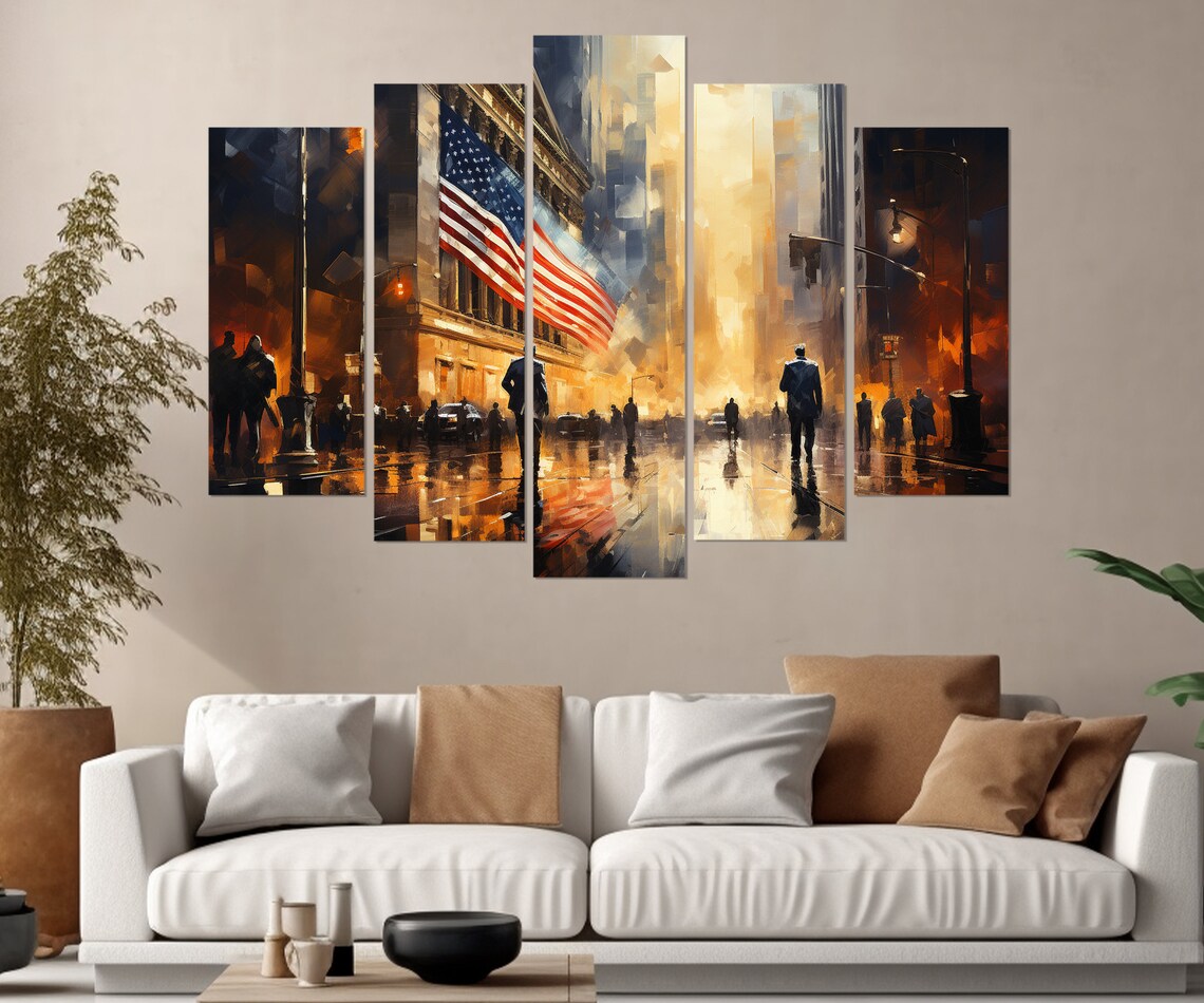New York Wall Street American Flag Rainy Street City Night Poster - Image 2