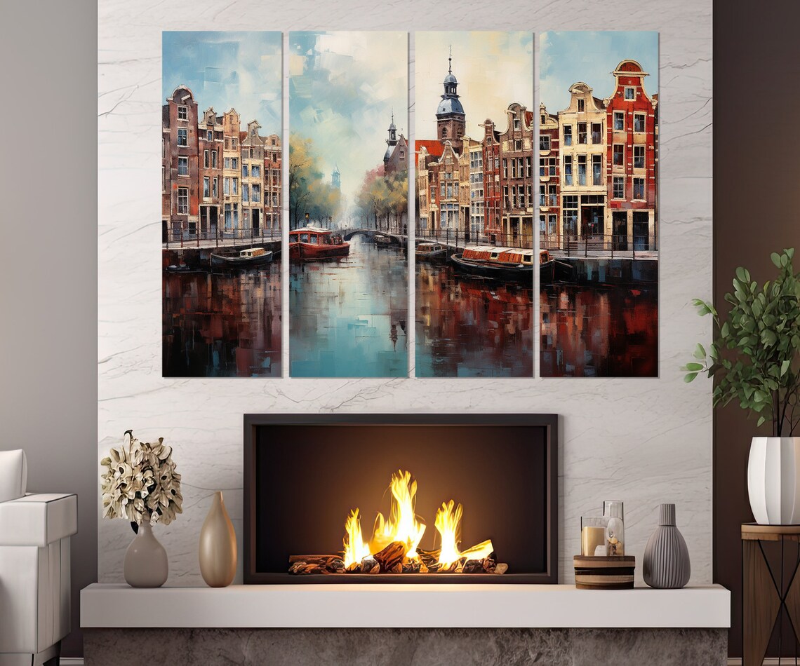 Amsterdam Canal Classic Houses Boats Church Tower Oil Painting Poster - Image 4