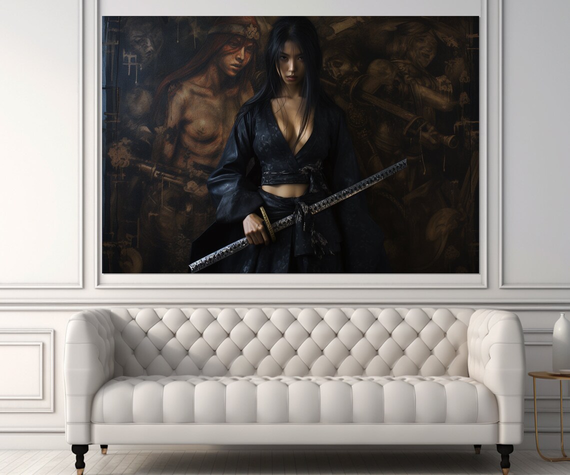 Fierce Samurai Woman In Black Kimono Holding A Katana Poster - Image 3