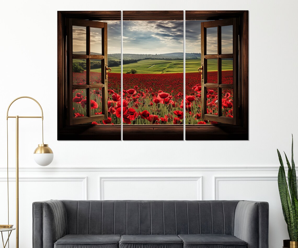 Open Window Poppy Field View Art Print, Floral - Image 3