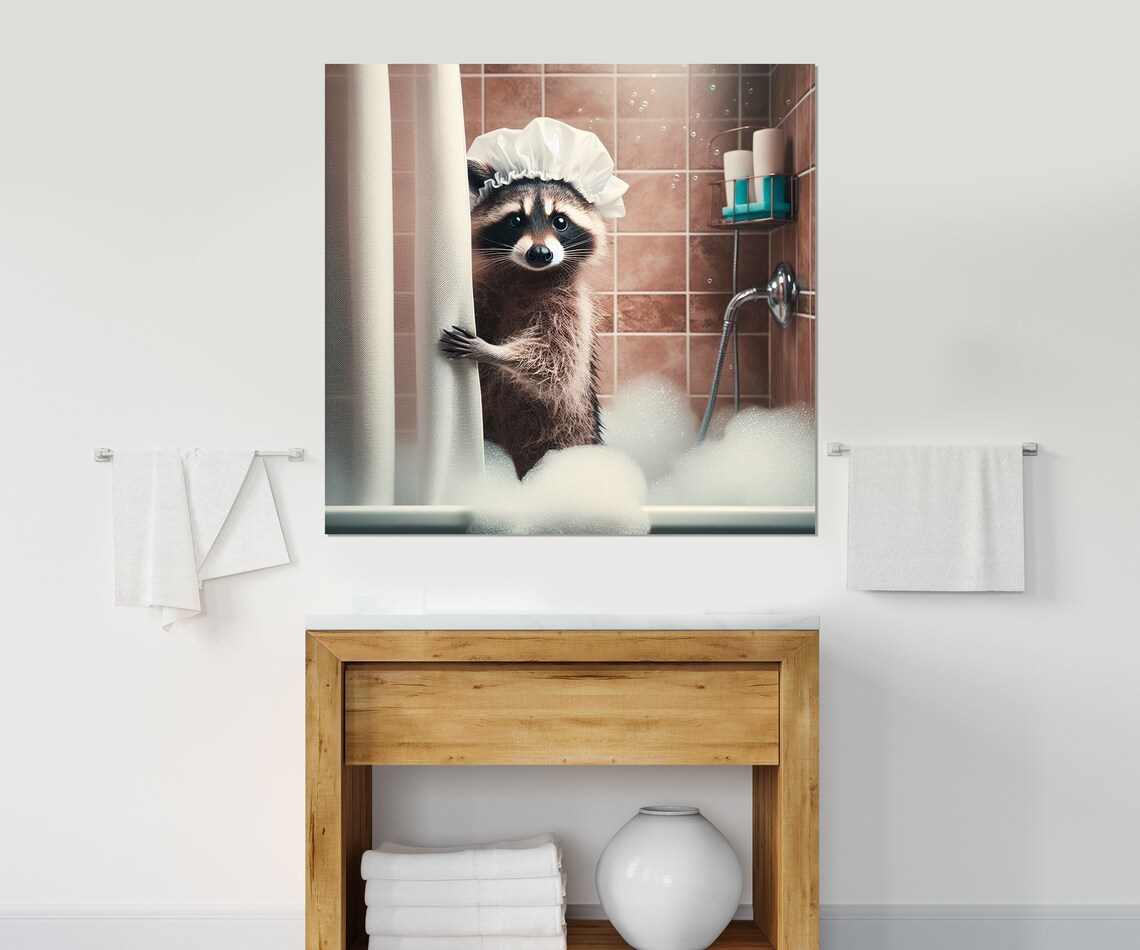 Cute Raccoon With White Shower Cap Peeking From Shower Curtain Poster - Image 3