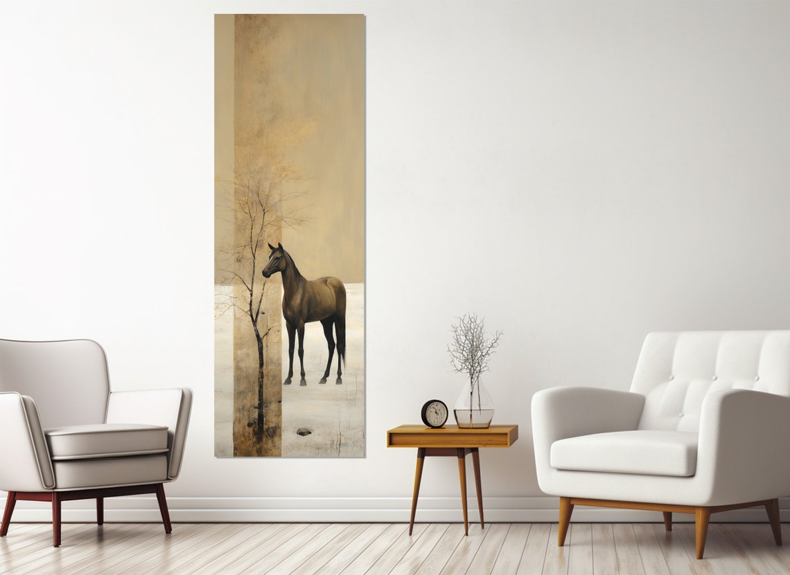 Lone Horse Misty Golden Minimalist Landscape Serene Equine Poster - Image 2