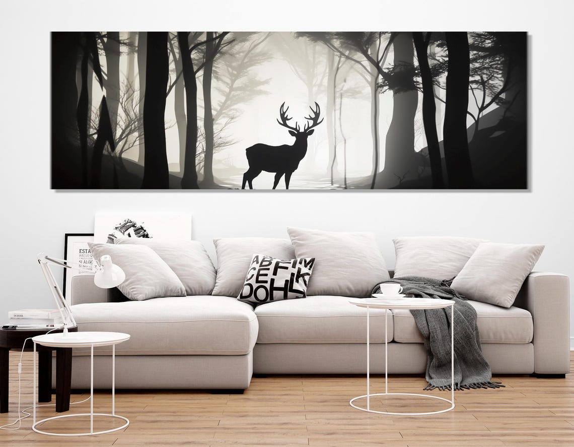 Stag Silhouette Misty Forest Black White Triptych Wildlife Poster - Image 2