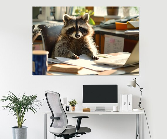 Funny Raccoon Office Worker at Desk with Laptop Funny Animal Wall Art Poster