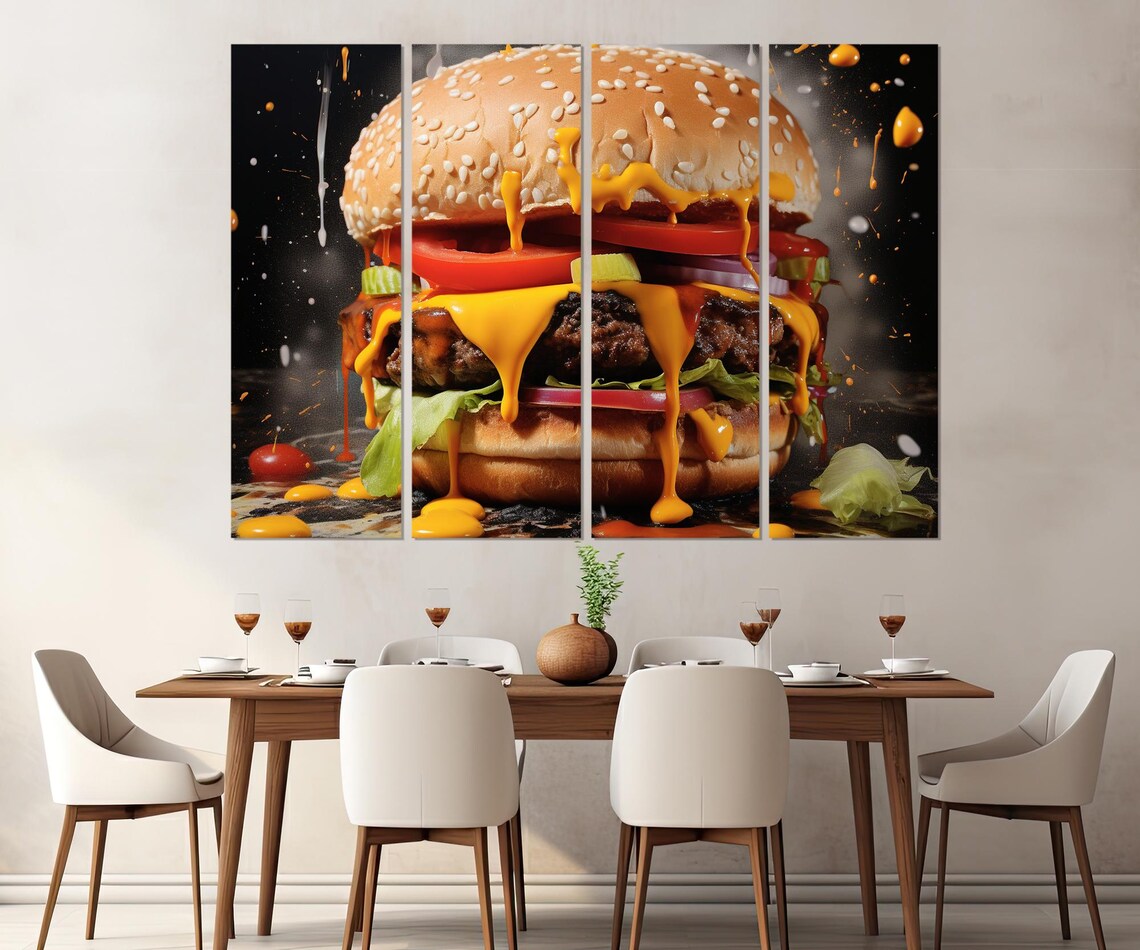 Juicy Cheeseburger Dripping Cheese Fast Food Art Kitchen Wall Poster - Image 2