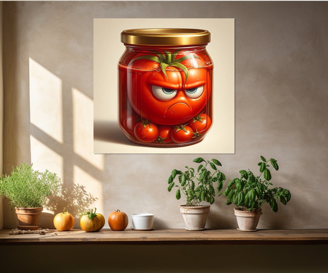 Angry Pickled Tomato Jar Funny Cartoon Vegetable Kitchen Wall Art - Image 3