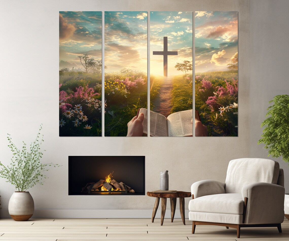 Open Bible Cross Sunrise Wildflower Meadow Path Triptych Faith Wall Art - Image 2