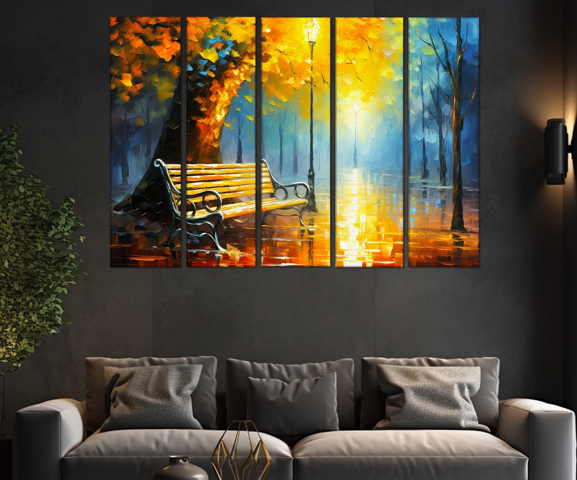 Autumn Park Bench Golden Lamppost Rainy Evening Painting Art Print - Image 3