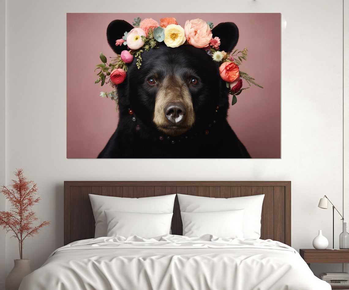Black Bear Wearing A Floral Crown On A Pink Background Poster - Image 4