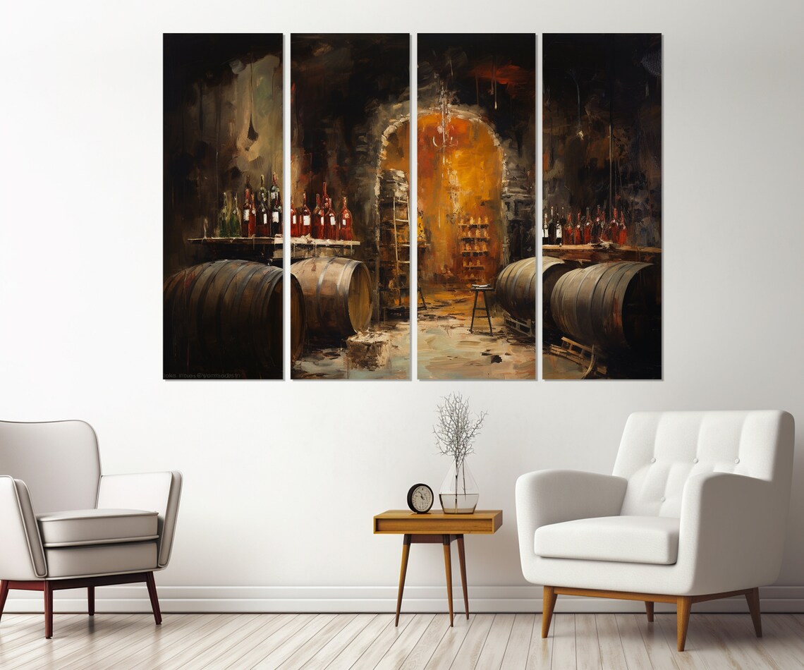 Wine Cellar Stone Archway Oil Painting Oak Barrels Bottles Wall Art Poster - Image 2