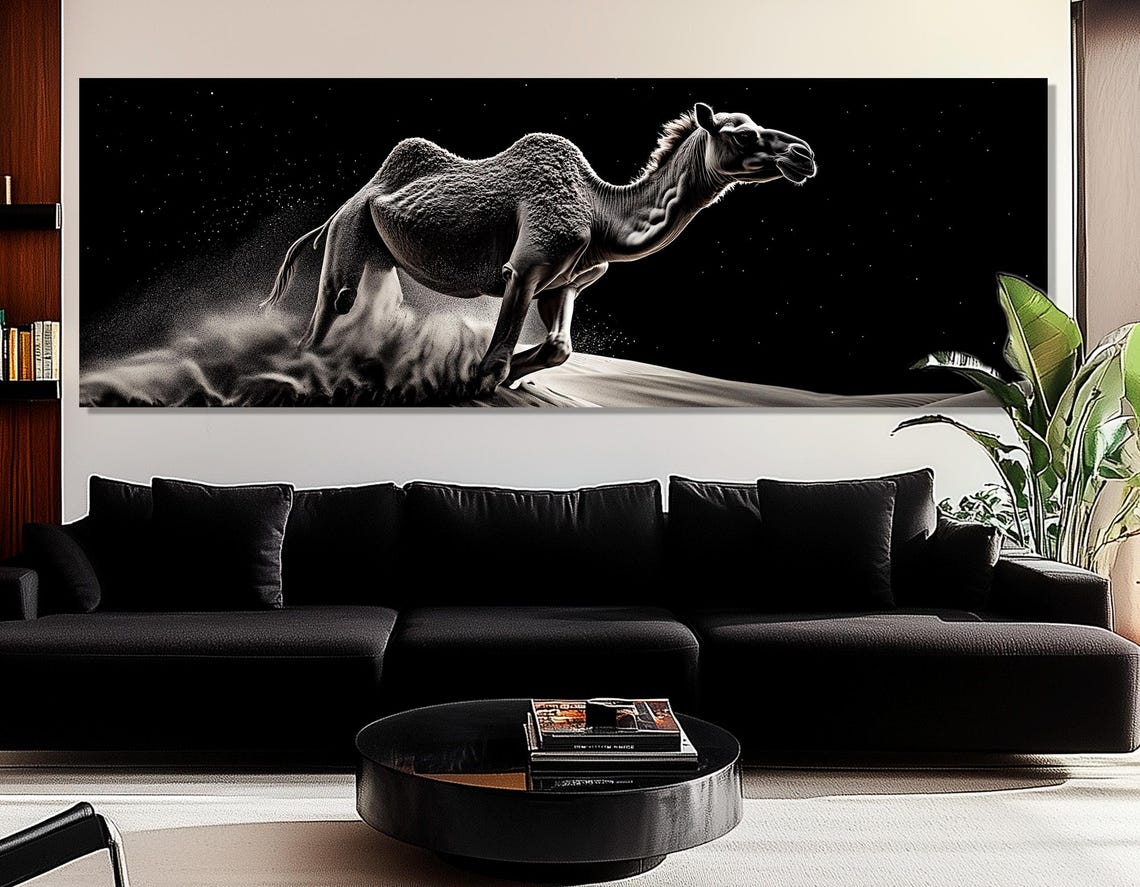 Dramatic Black Sand Camel Starry Night Desert Dunes Wall Art Print