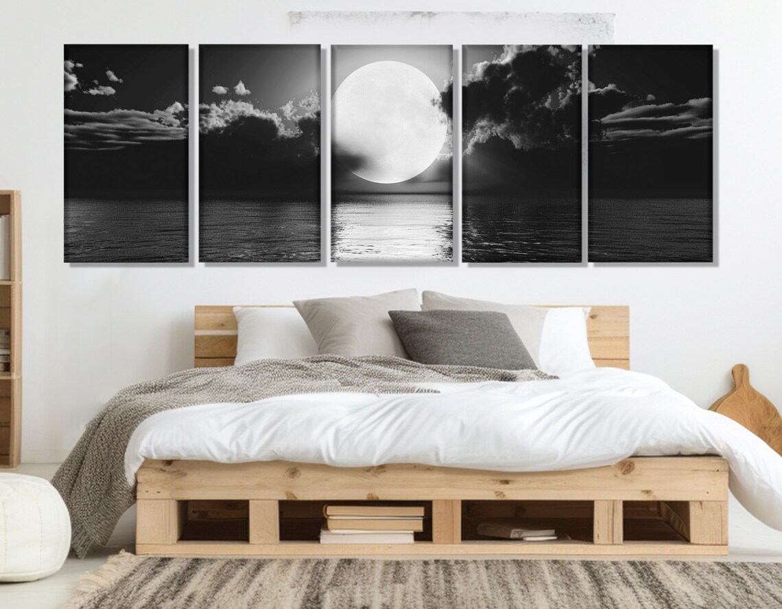 Moon Over Sea, Black And White Coastal Wall Art Print - Image 3