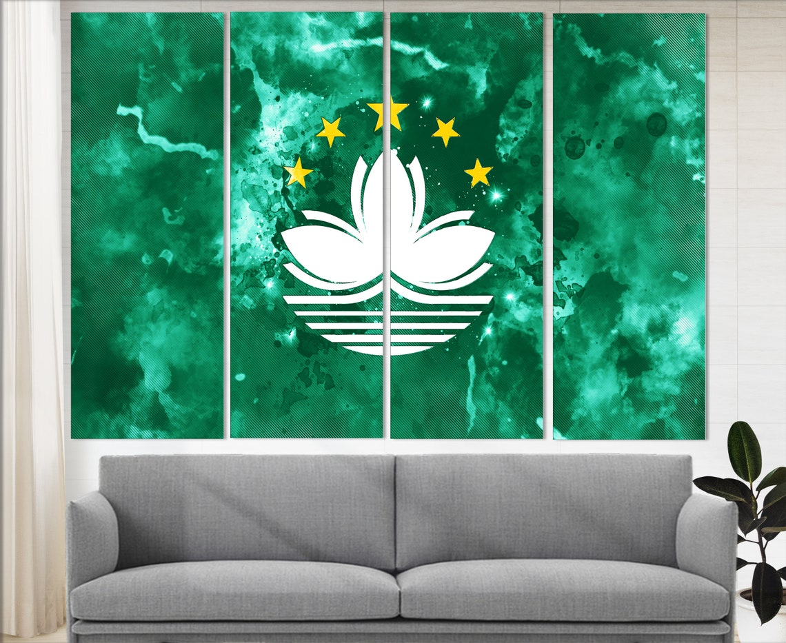 Macau Flag Watercolor Green Lotus Gold Stars Canvas Wall Art Poster - Image 3