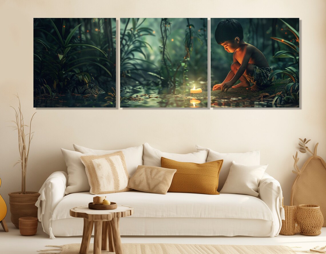 Boy With Candle In Dark Jungle Fireflies Cinematic Moody Poster - Image 4
