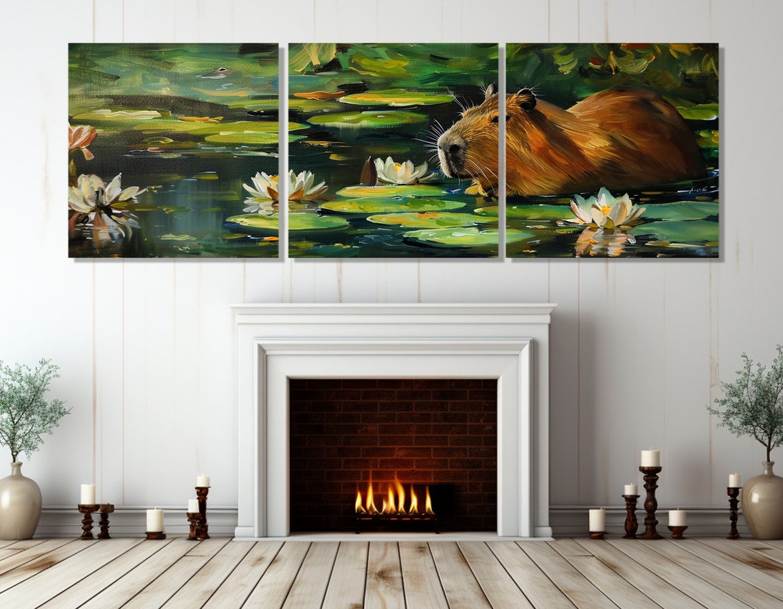 Capybara In Lily Pond Water Lilies Impressionist Animal Poster - Image 4