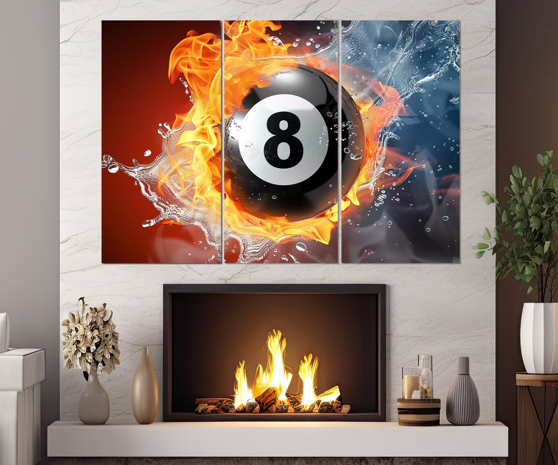 Flaming 8 Ball Billiards Fire Water Splash Split Canvas Wall Poster