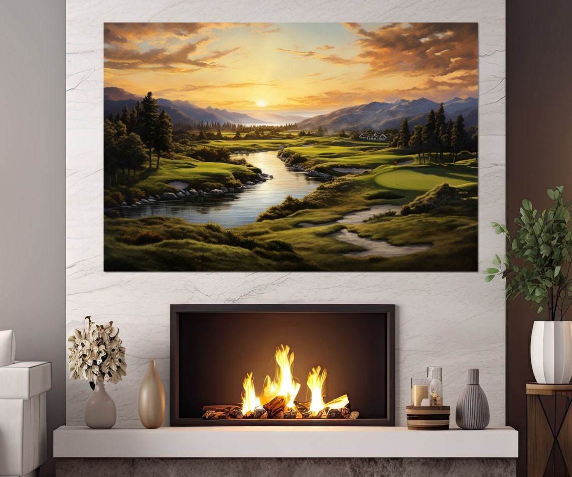 Golf Course Sunrise River Valley Mountain Scenic Landscape Poster