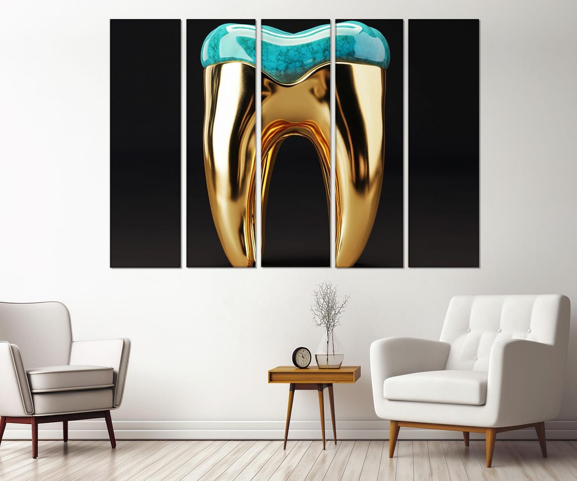 Golden Tooth Turquoise Top Black Background Dentist Office Poster - Image 3