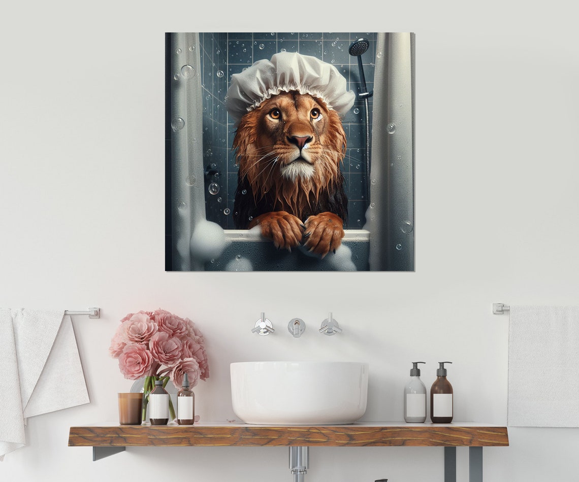 Majestic Lion With White Shower Cap in Bubble Bath Animal Poster - Image 3
