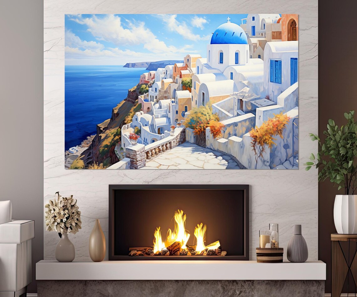 Santorini Greece Blue Dome Church Caldera View Daylight Travel Poster - Image 2