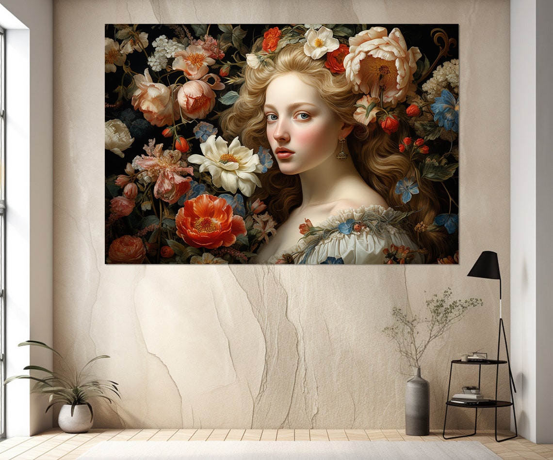 Medieval Floral Portrait Woman Dark Botanical Renaissance Art Print