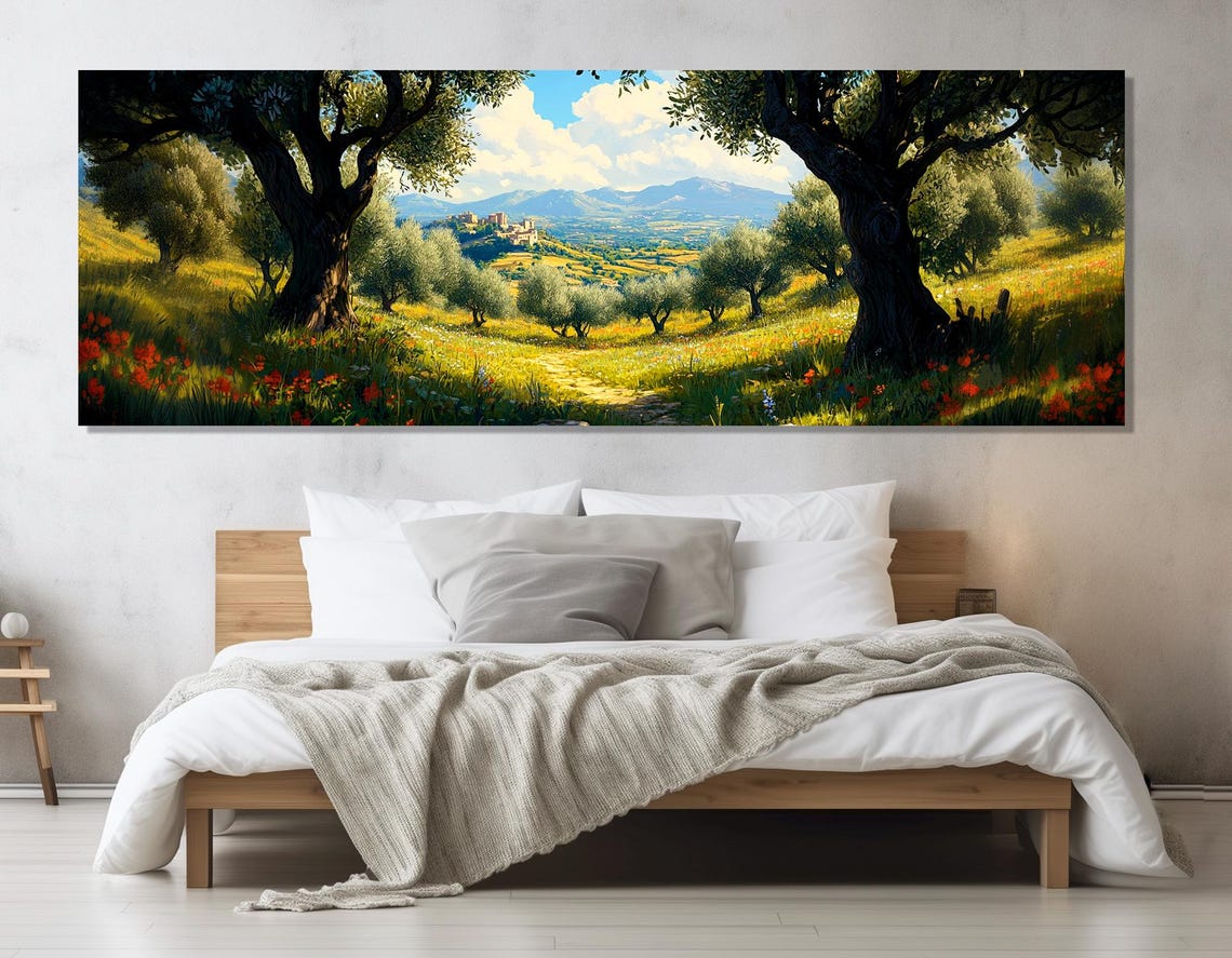 Provence Olive Grove Red Poppies Village Hills Panoramic Travel Poster