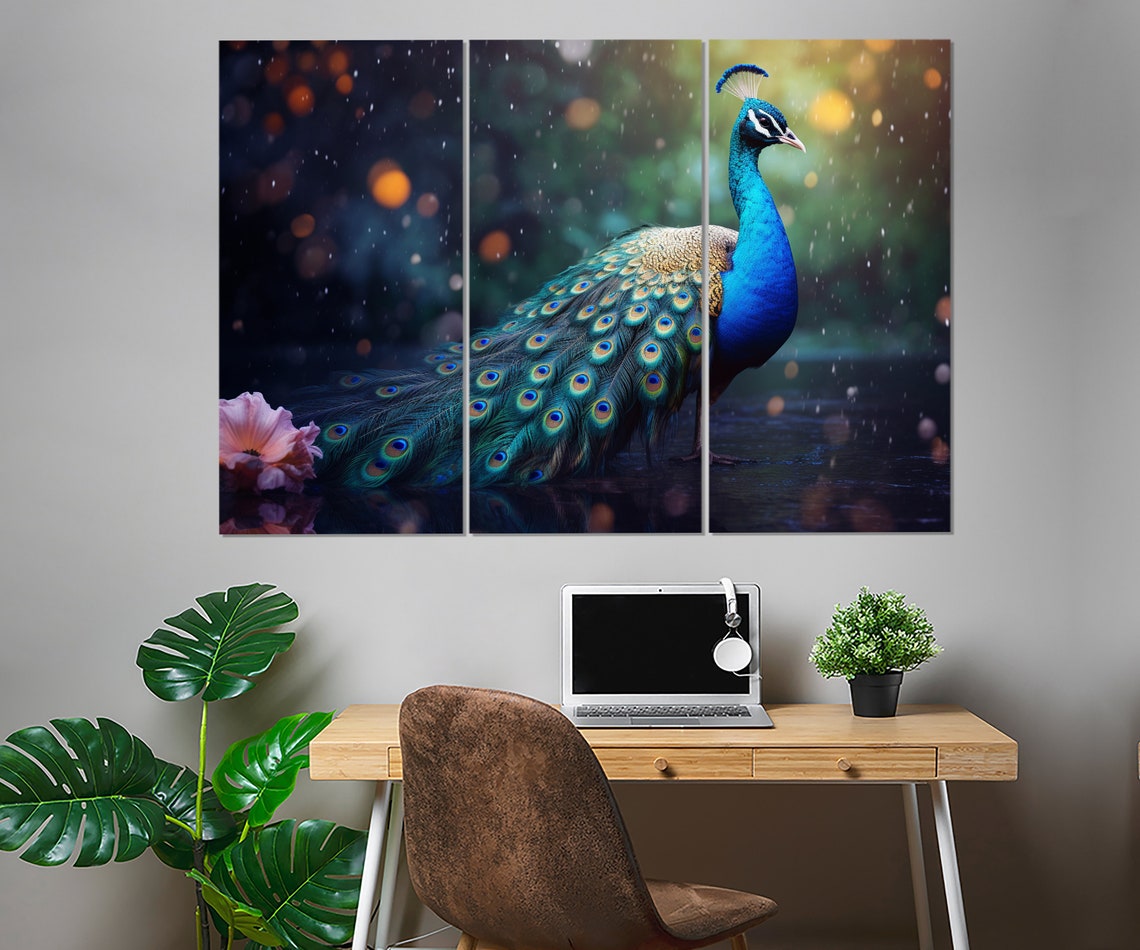 Peacock Iridescent Feather Tail Rain Bokeh Elegant Bird Wall Art - Image 4