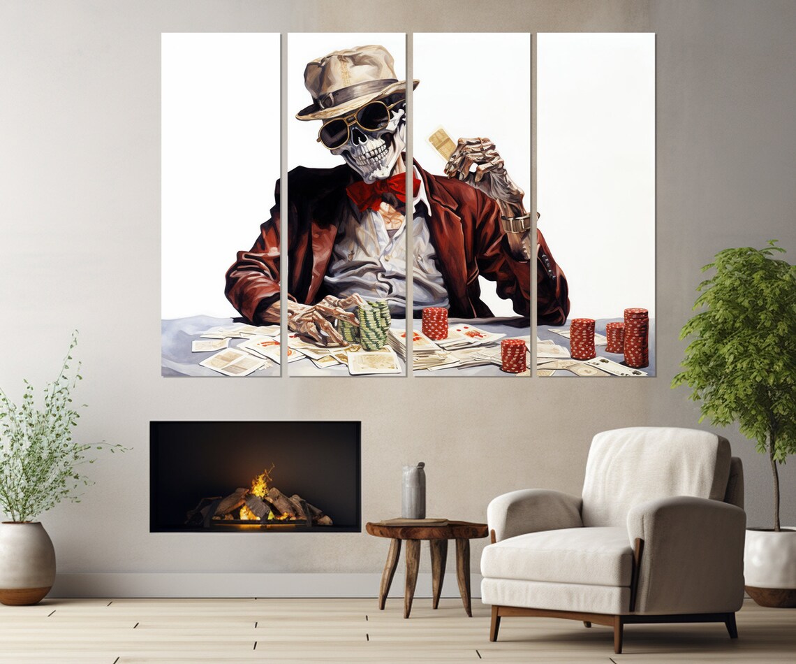 Skeleton In Sunglasses Playing Poker Chips Card Table Gambler Art Poster - Image 3