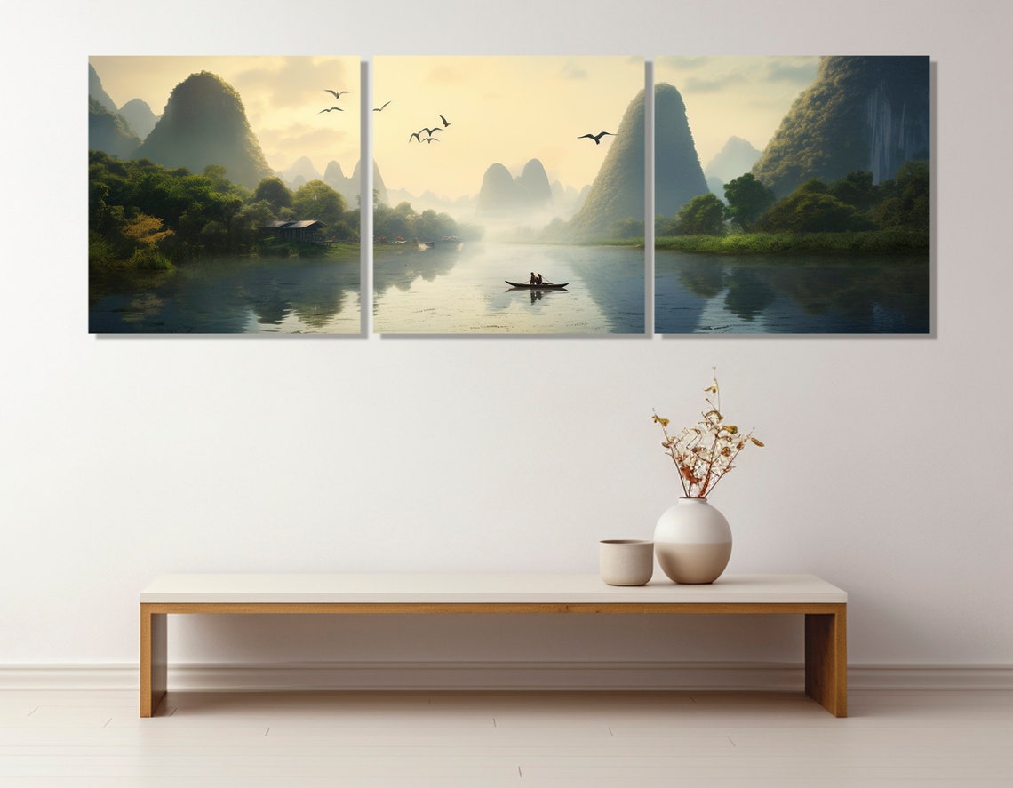 Li River Morning Karst Peaks Birds Flying Boat Reflection China Poster - Image 4