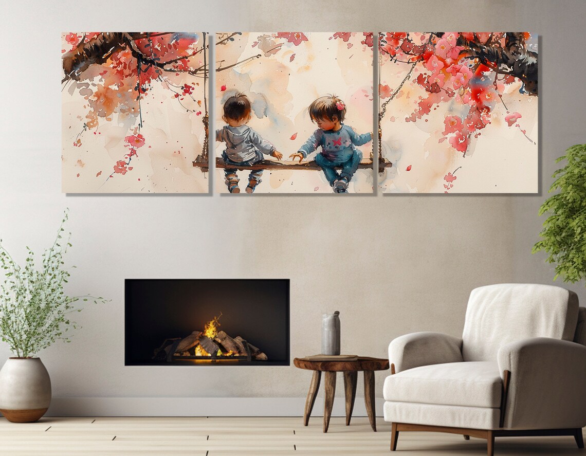Toddlers On Wooden Swing Under Cherry Blossom Tree Watercolor Poster - Image 3