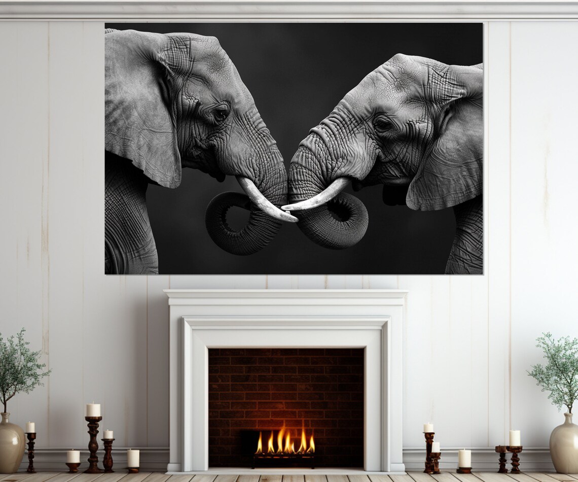 Elephants In Love, Black And White Wall Art Print