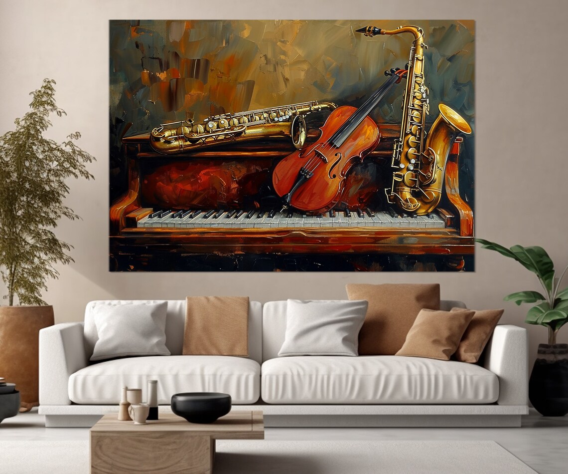 Vintage Musical Instruments Art Print, Piano Violin Saxophone - Image 2