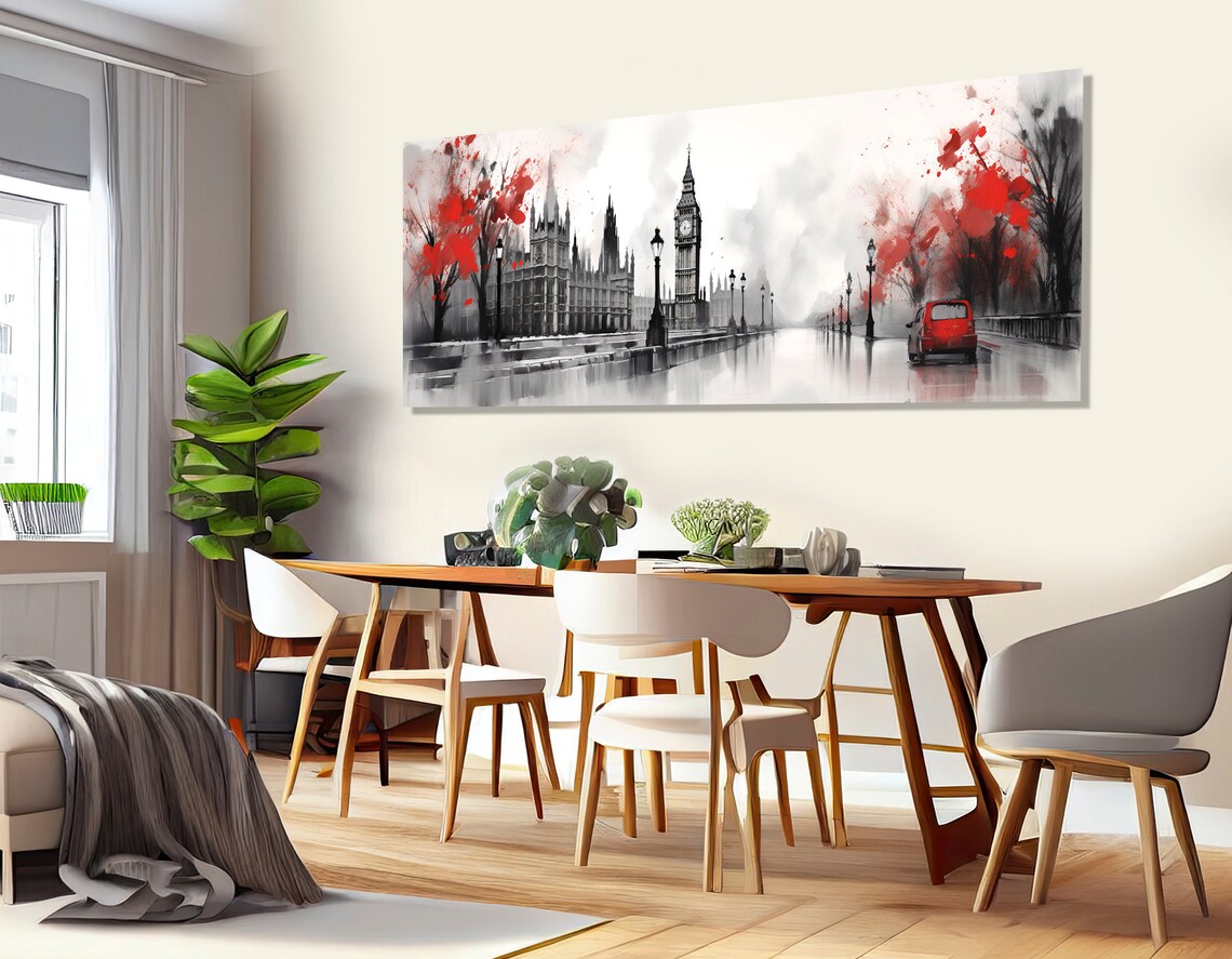 London Big Ben Houses of Parliament Red Accent Panoramic Travel Poster - Image 4
