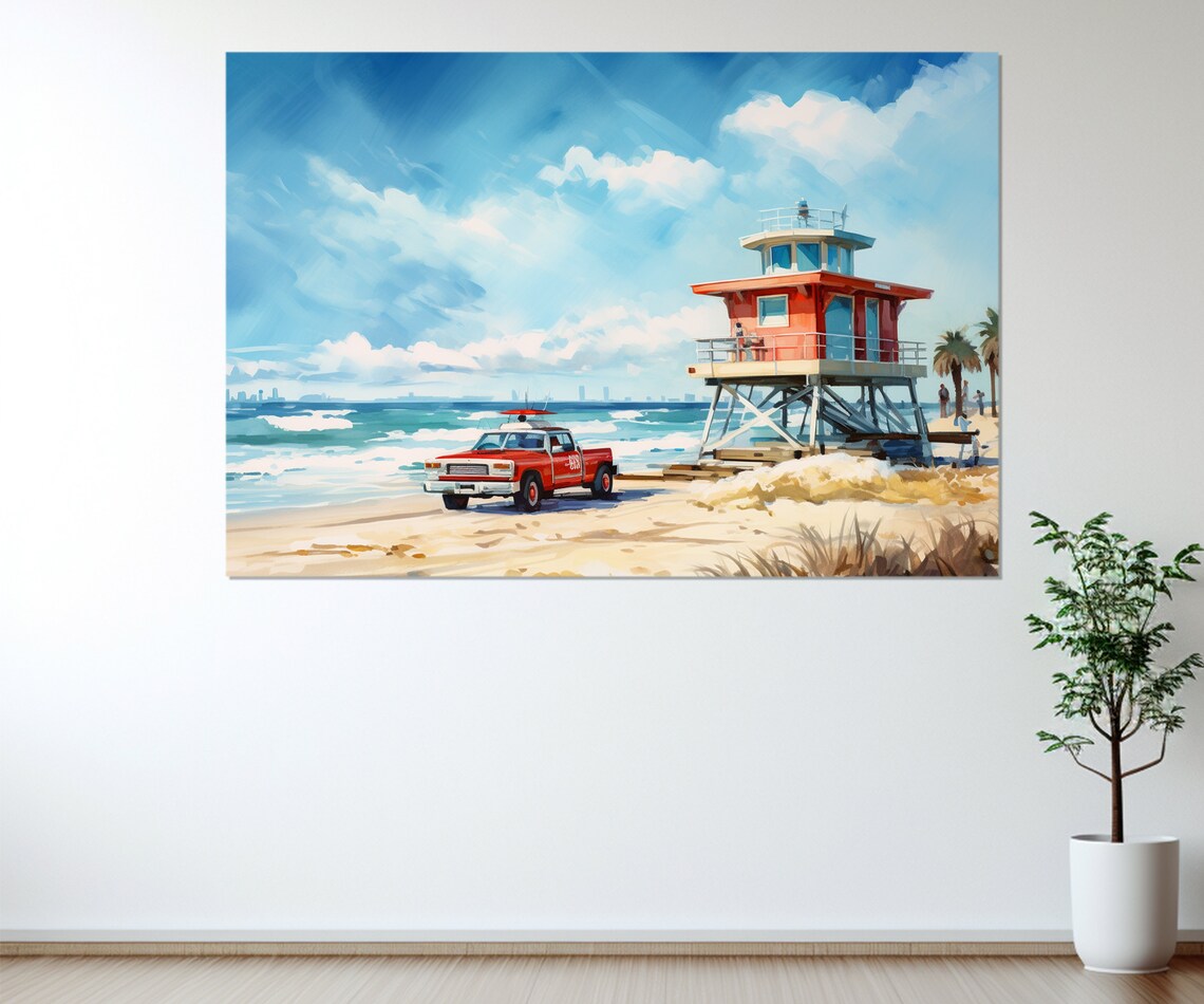 Red Lifeguard Tower Truck Sunny Beach Painting Travel Poster - Image 3