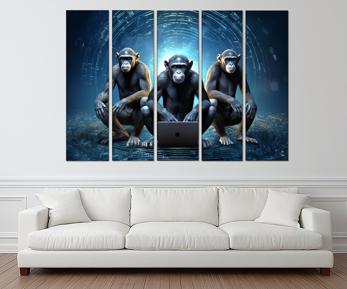 Three Chimpanzees With Laptop Blue Digital Matrix Funny Office Wall Art Print - Image 3